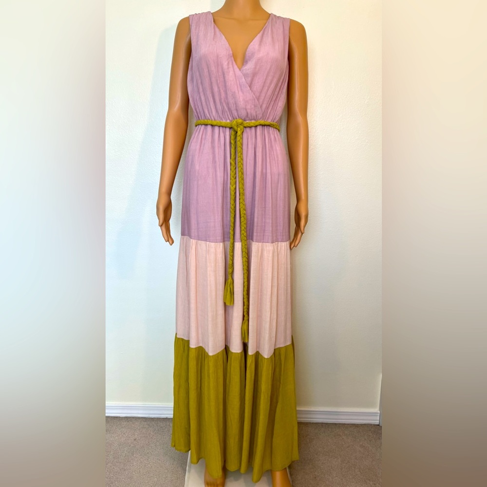 Flying Tomato-Sleeveless,‎ Purple/Cream/Green, Belted, Long, Maxi Dress. Size-S